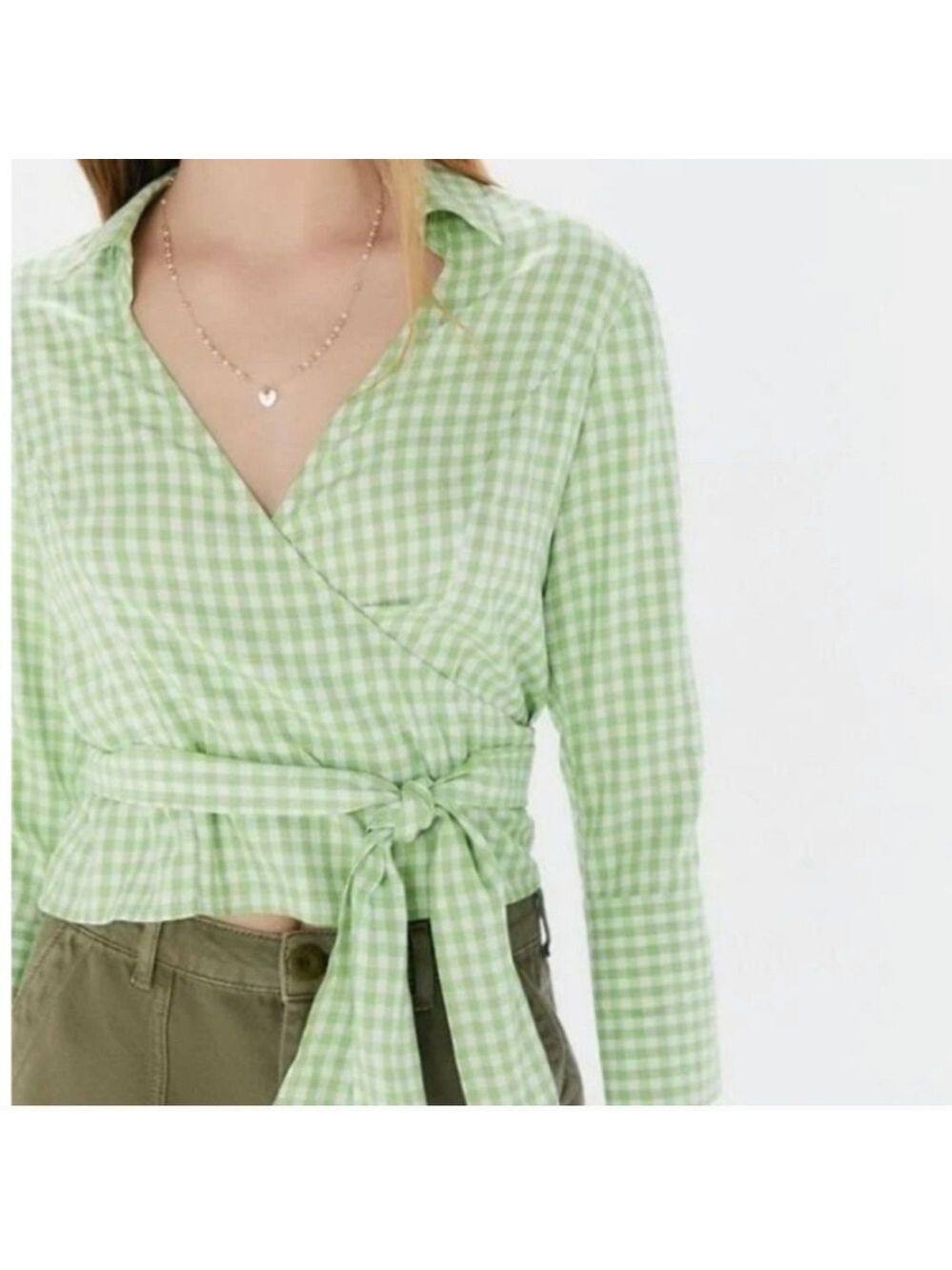 Urban Outfitters Green Gingham Wrap Tie Cropped Top Large